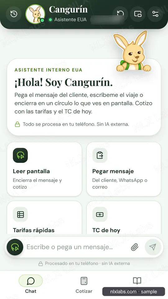 Cangurín home screen: read the screen, paste a message, quick rates and today's exchange rate