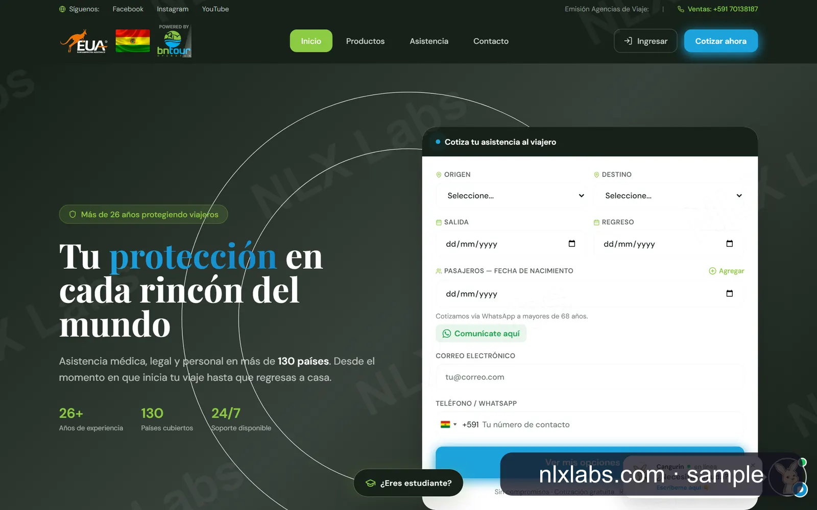 EUA Bolivia store home: headline, quote form and the Cangurín chat assistant