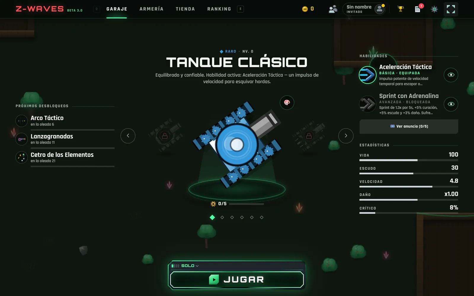 Z-Waves garage screen: a blue tank on a pedestal with its abilities and stats